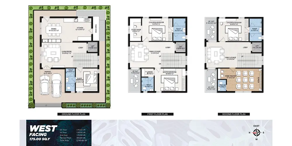 175.00 SQ.Y West Facing Triplex Villa Plan (3,740 SFT)
