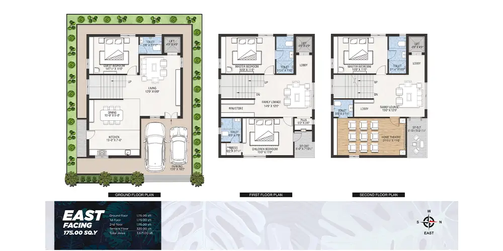 175.00 SQ.Y East Facing Triplex Villa Plan (3,671 SFT)