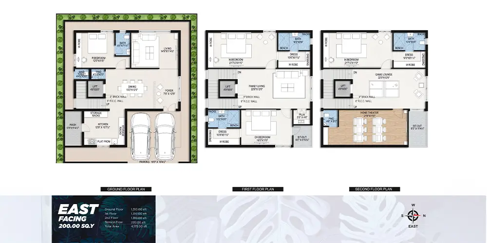 200.00 SQ.Y East Facing Triplex Villa Plan (4,150 SFT)