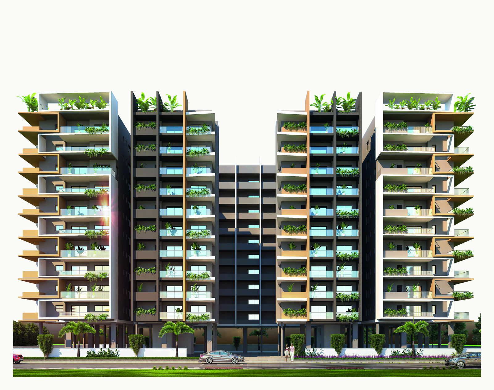 VIDHA Modern Facade with Balconies and Greenery